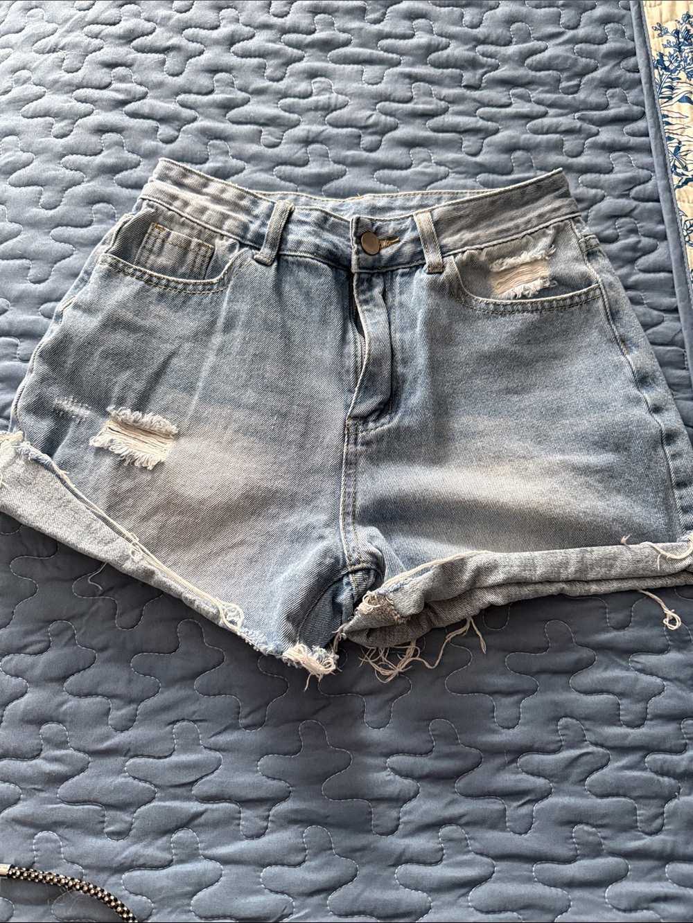 SHEIN Light Blue Distressed Roll-Hem Denim Shorts